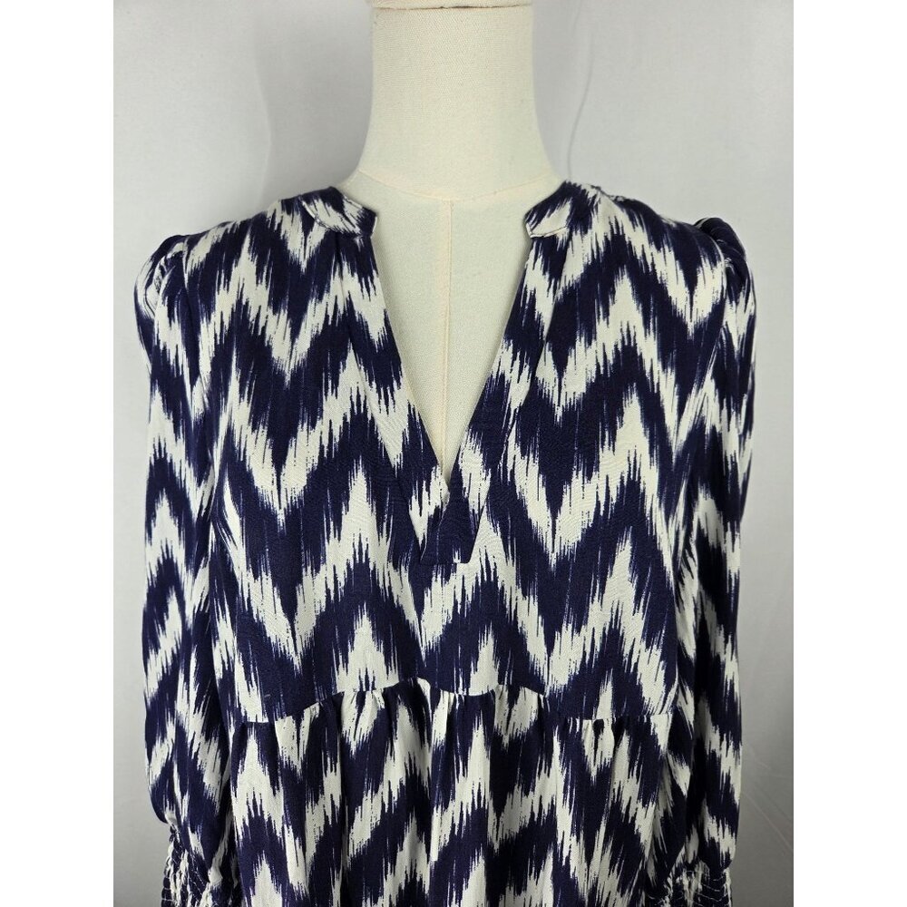 Pomander Place Navy Ikat Kenzo Mini Dress Medium Empire Waist Swing Boho Preppy - Picture 3 of 11
